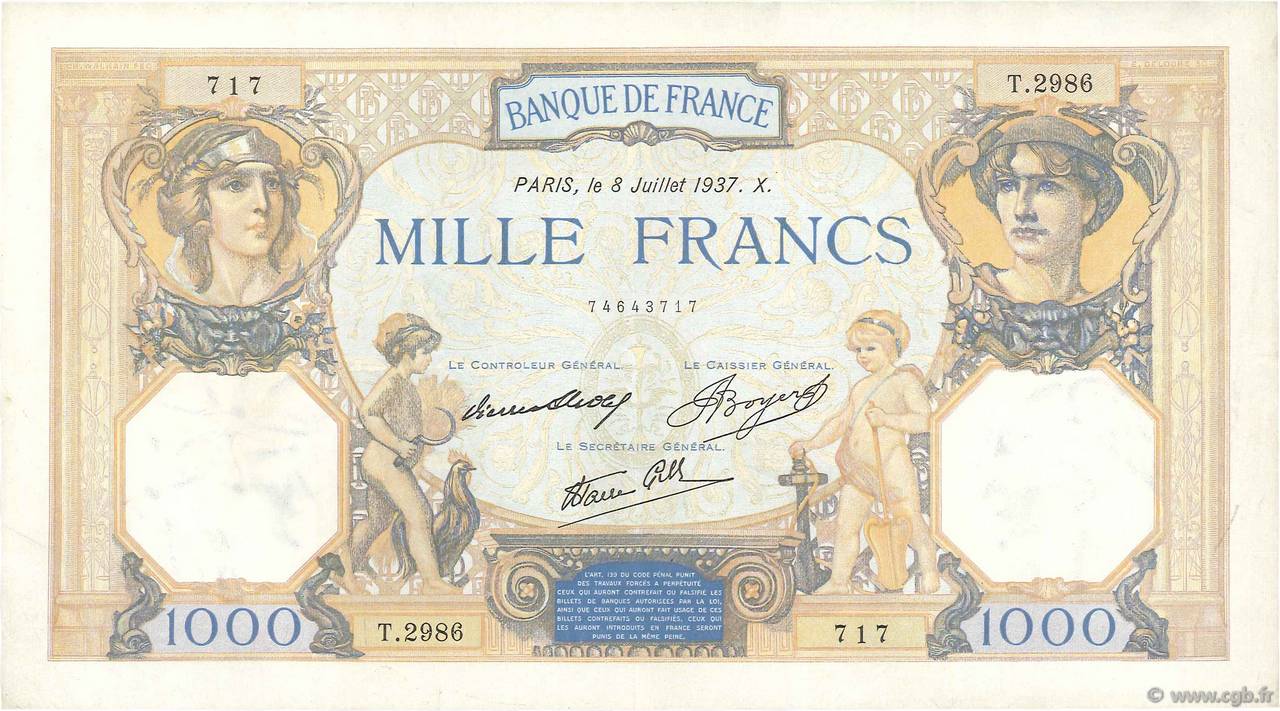 1000 Francs CÉRÈS ET MERCURE type modifié FRANCE  1937 F.38.01 VF
