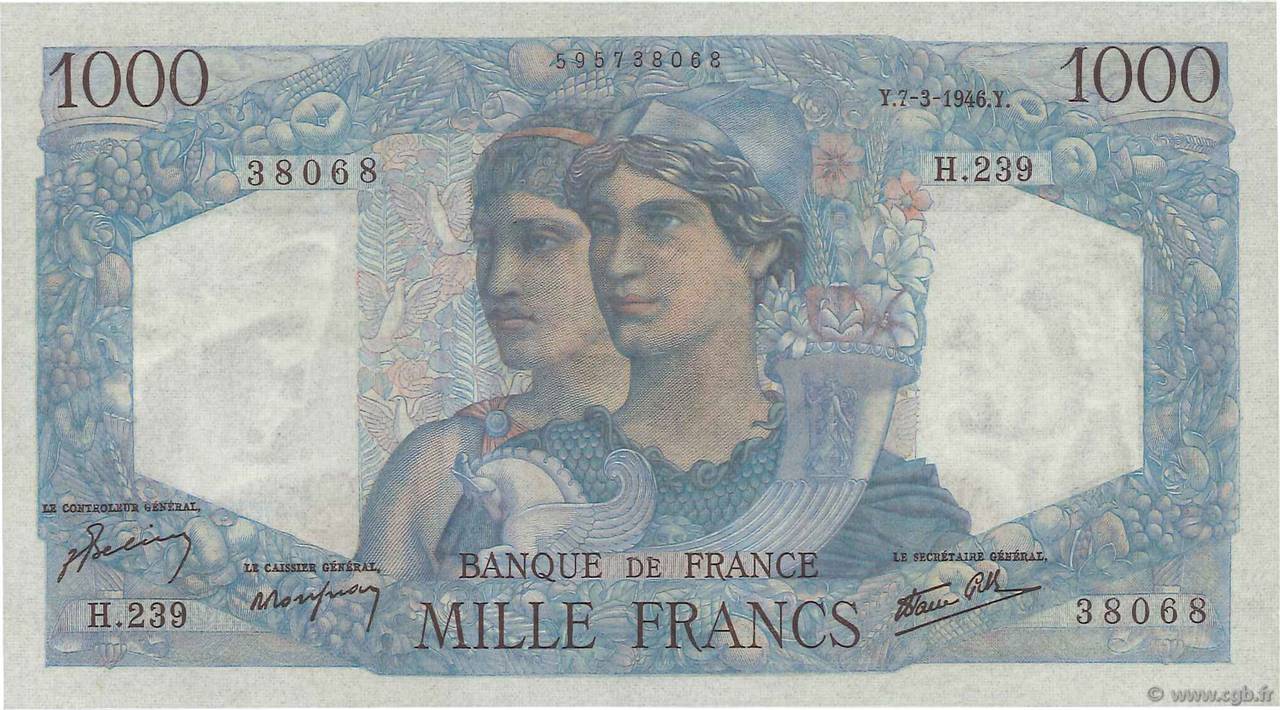 1000 Francs MINERVE ET HERCULE FRANCIA  1946 F.41.12 q.FDC