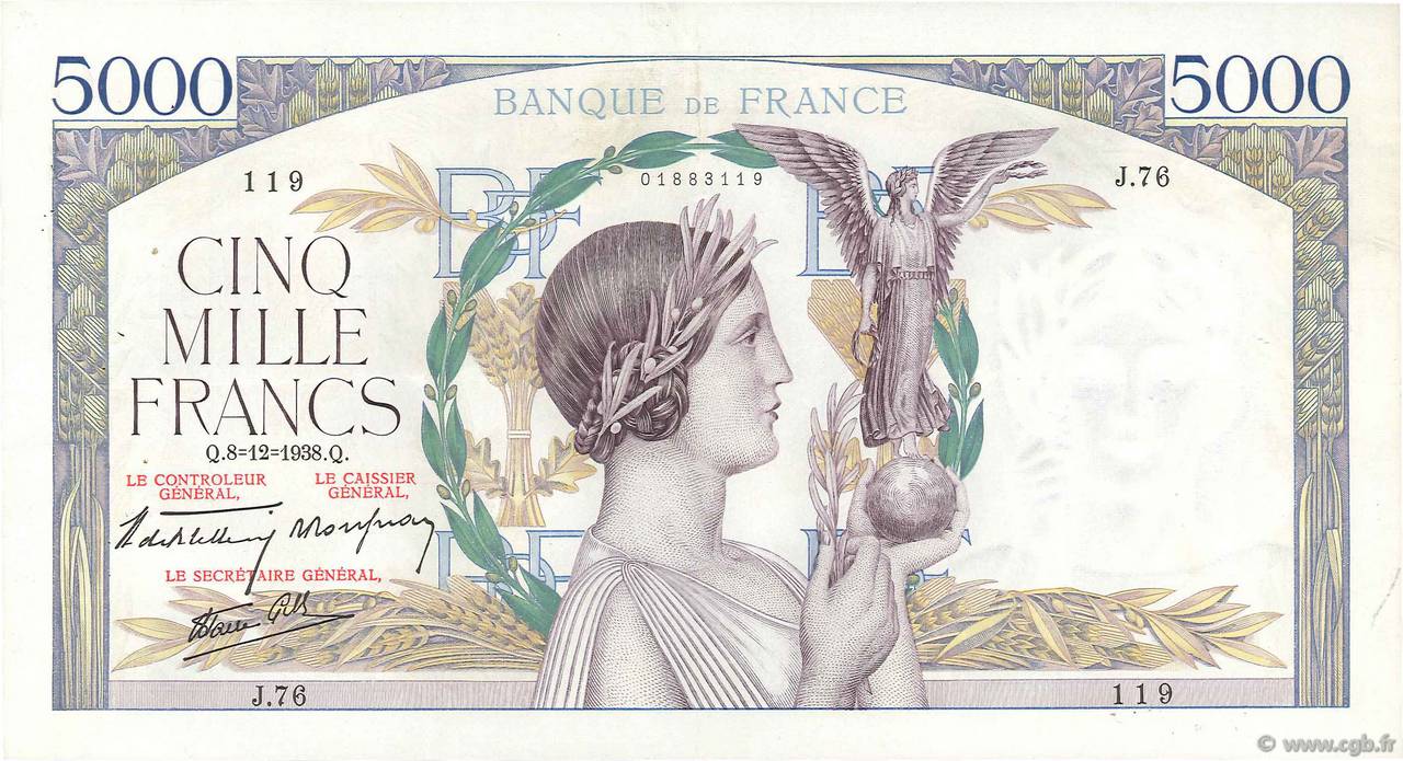 5000 Francs VICTOIRE Impression à plat FRANCIA  1938 F.46.01 q.SPL