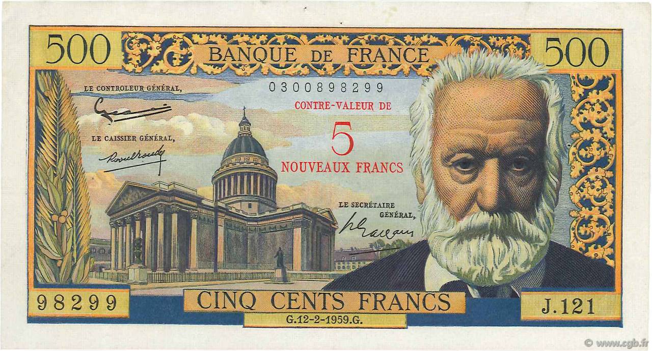 5 NF sur 500 Francs Victor HUGO FRANCE  1959 F.52.02 TTB+