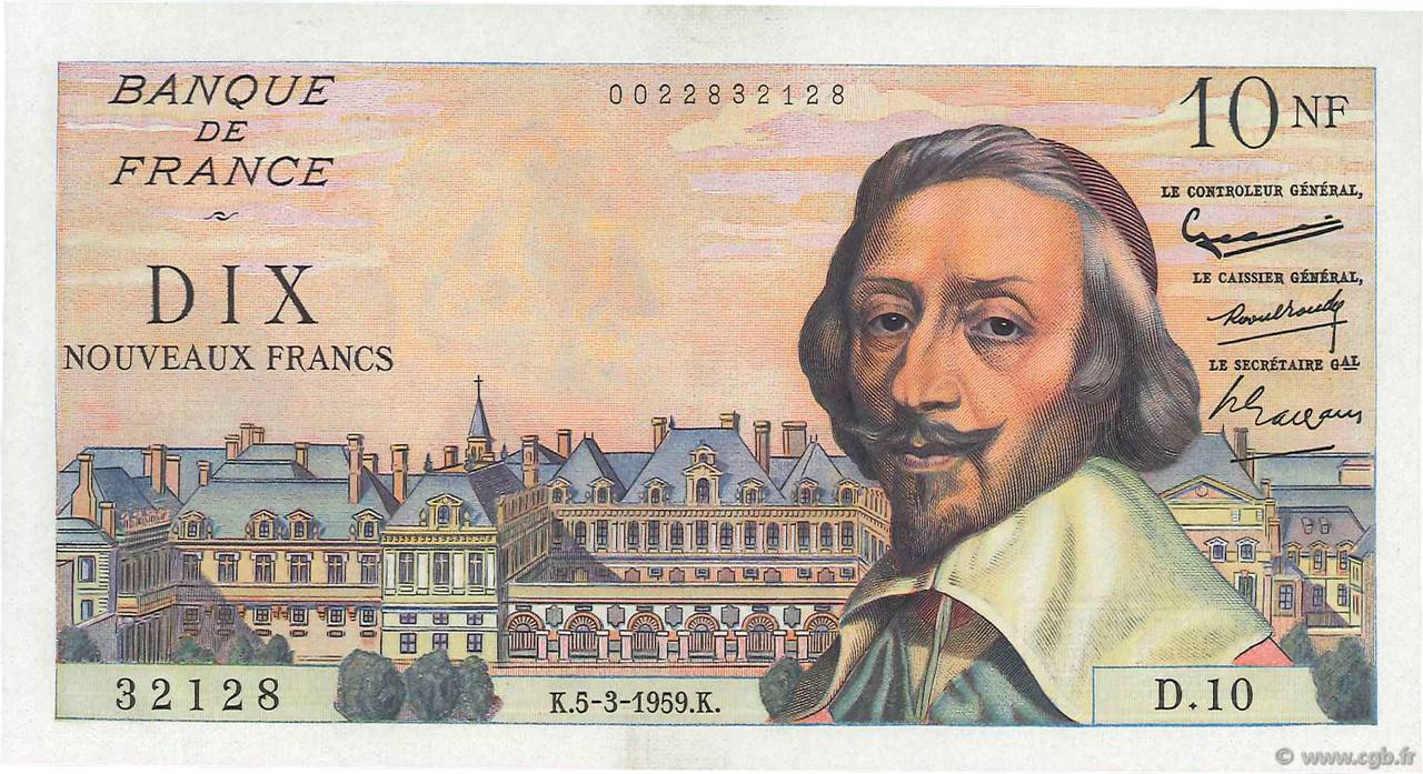 10 Nouveaux Francs RICHELIEU FRANCIA  1959 F.57.01 AU+