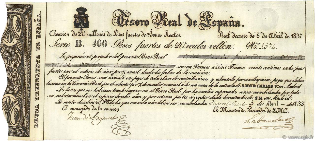 100 Pesos Fuerte SPAIN  1837 - UNC