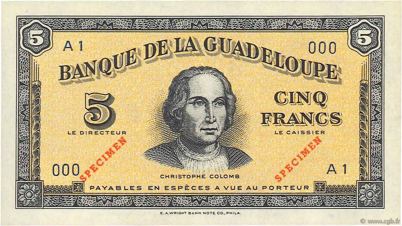 5 Francs Spécimen GUADELOUPE  1942 P.21s FDC