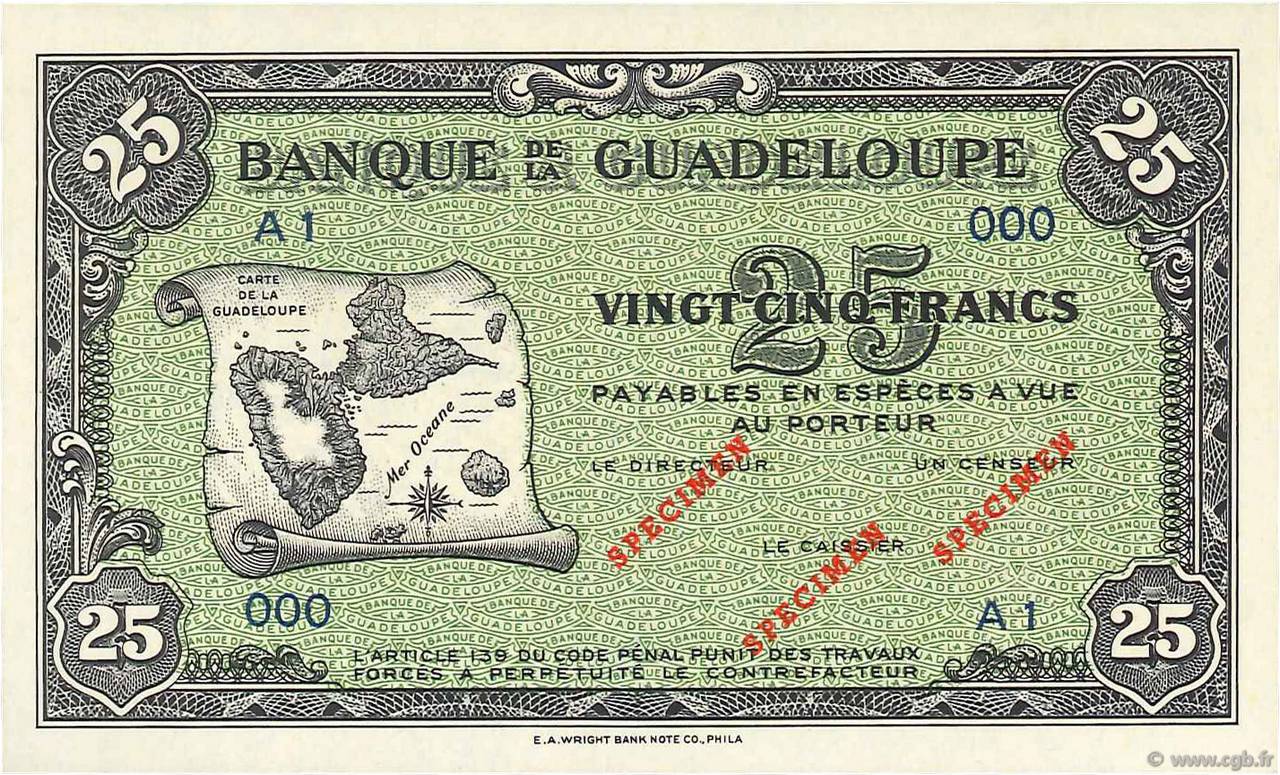 25 Francs Spécimen GUADELOUPE  1942 P.22s ST