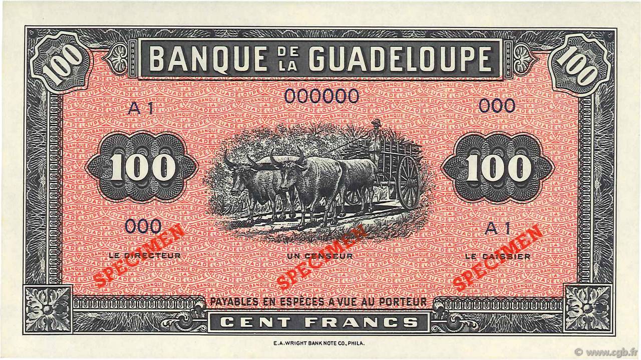 100 Francs Spécimen GUADELOUPE  1942 P.23s FDC
