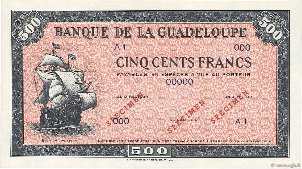 500 Francs Spécimen GUADELOUPE  1942 P.25s FDC