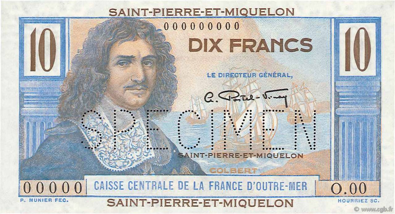 10 Francs Colbert Spécimen SAINT PIERRE E MIQUELON  1946 P.23s FDC