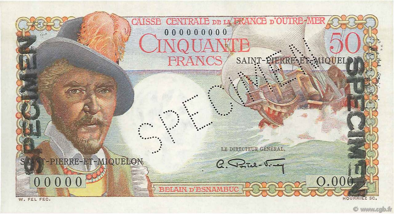 50 Francs Belain d Esnambuc Spécimen SAINT PIERRE E MIQUELON  1946 P.25s FDC