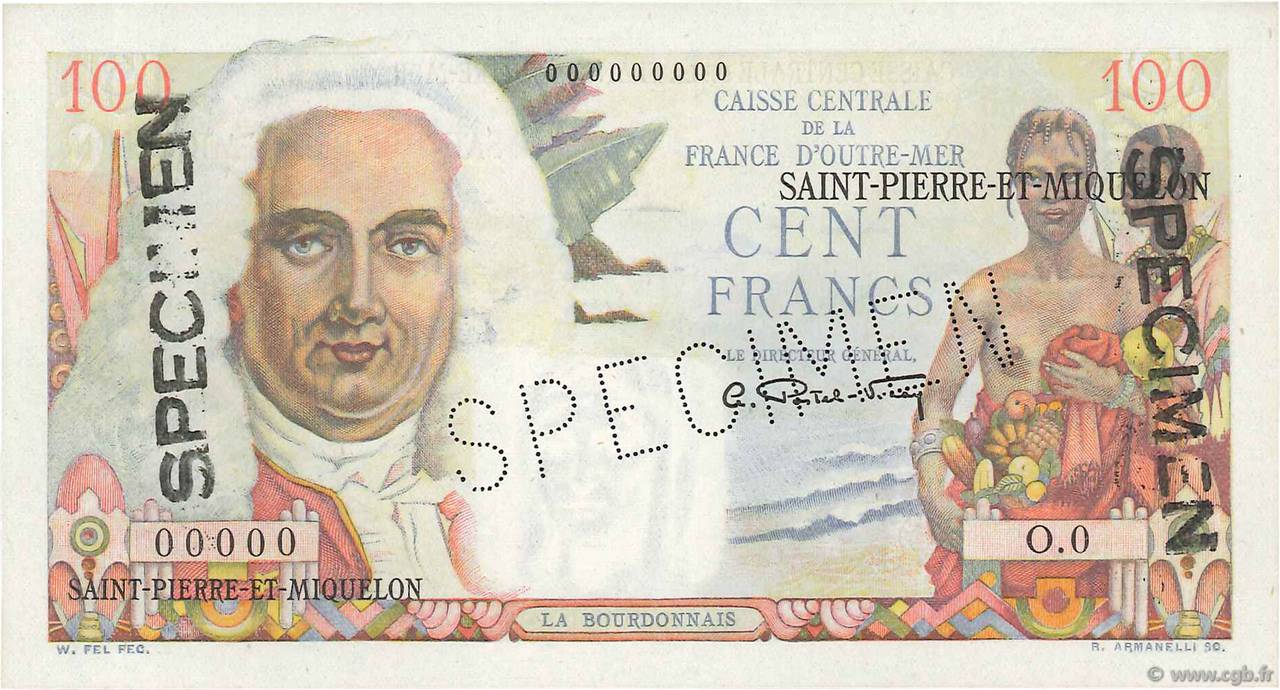100 Francs La Bourdonnais Spécimen SAN PEDRO Y MIGUELóN  1946 P.26s FDC