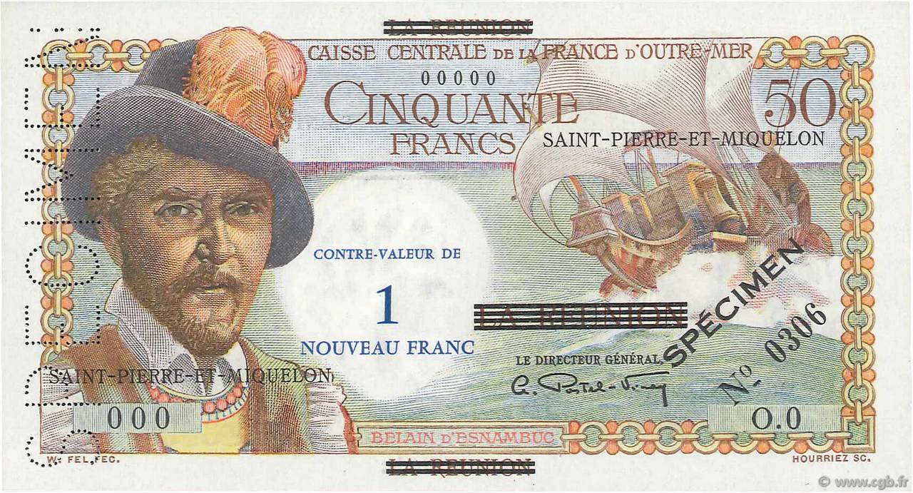 1 NF sur 50 Francs Belain d Esnambuc Spécimen SAINT PIERRE AND MIQUELON  1960 P.30as UNC