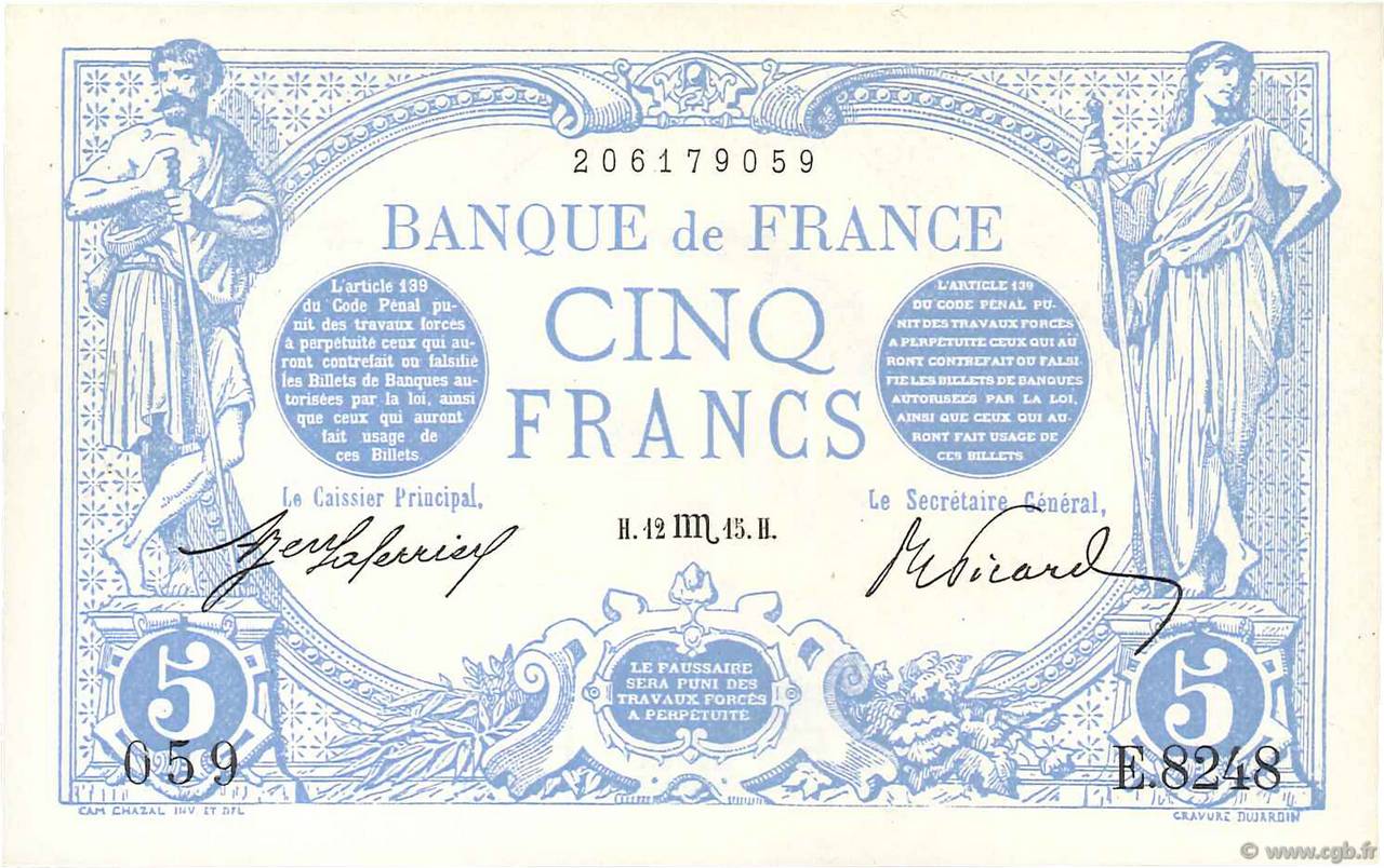 5 Francs BLEU FRANKREICH  1915 F.02.32 VZ