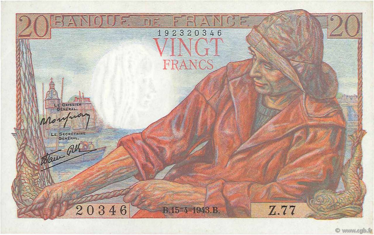 20 Francs PÊCHEUR FRANCIA  1943 F.13.06 EBC+
