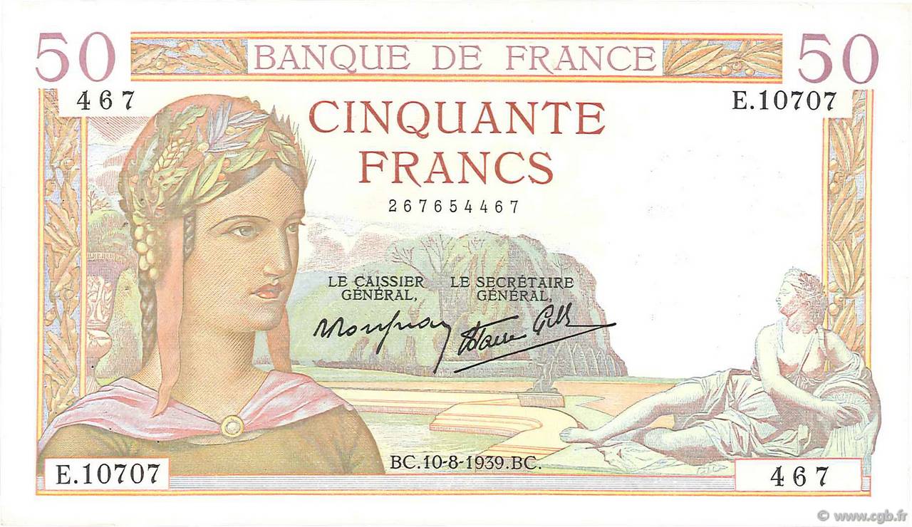 50 Francs CÉRÈS modifié FRANKREICH  1939 F.18.29 SS