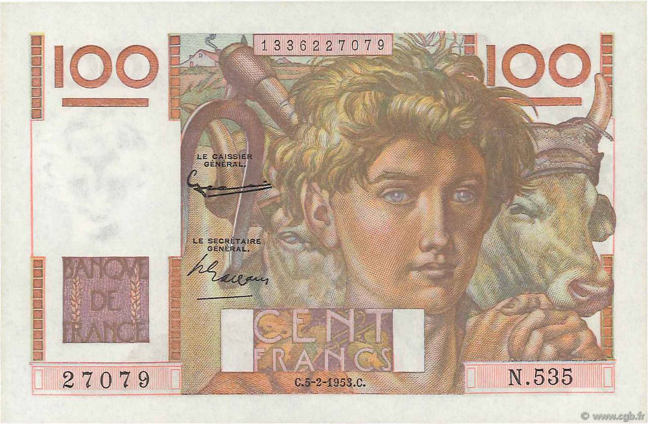 100 Francs JEUNE PAYSAN FRANCE  1953 F.28.36 UNC-