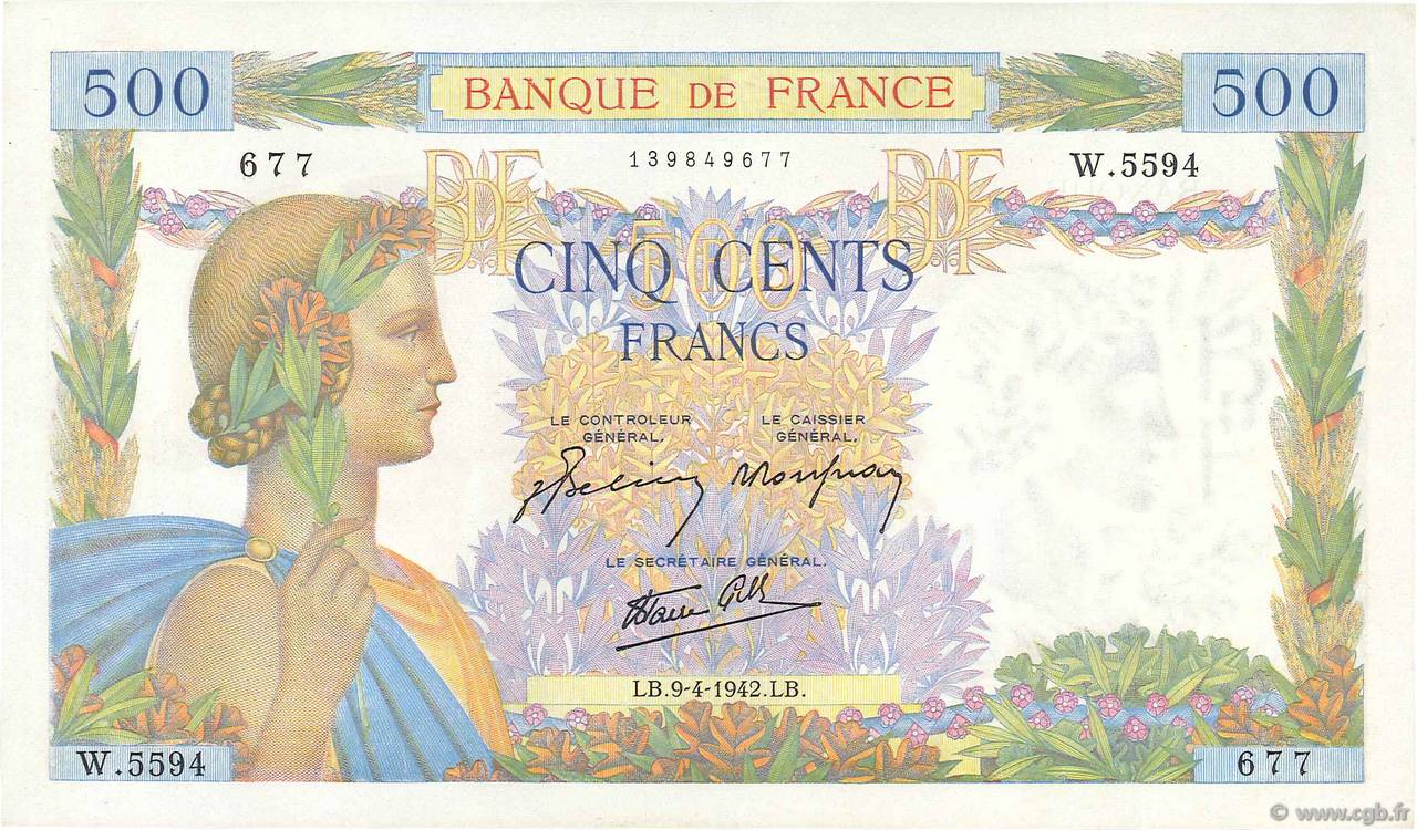 500 Francs LA PAIX FRANCIA  1942 F.32.34 SC