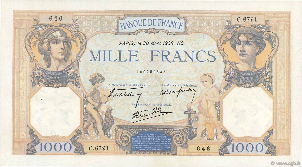 1000 Francs CÉRÈS ET MERCURE type modifié FRANCIA  1939 F.38.35 EBC+