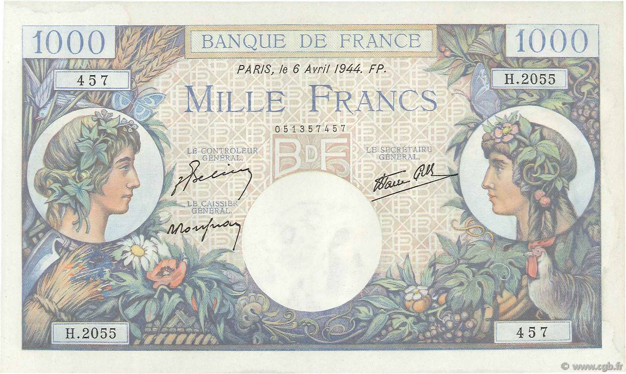 1000 Francs COMMERCE ET INDUSTRIE FRANCE  1944 F.39.05 SPL