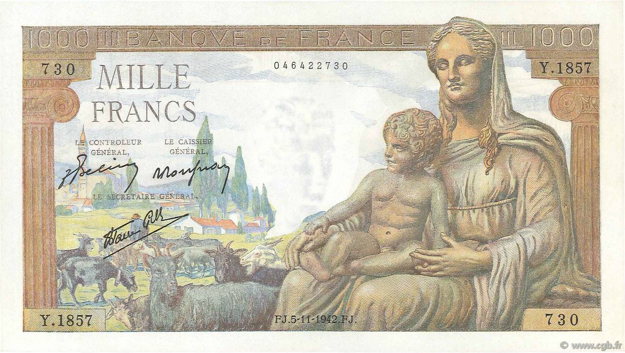 1000 Francs DÉESSE DÉMÉTER FRANCE  1942 F.40.10 UNC-