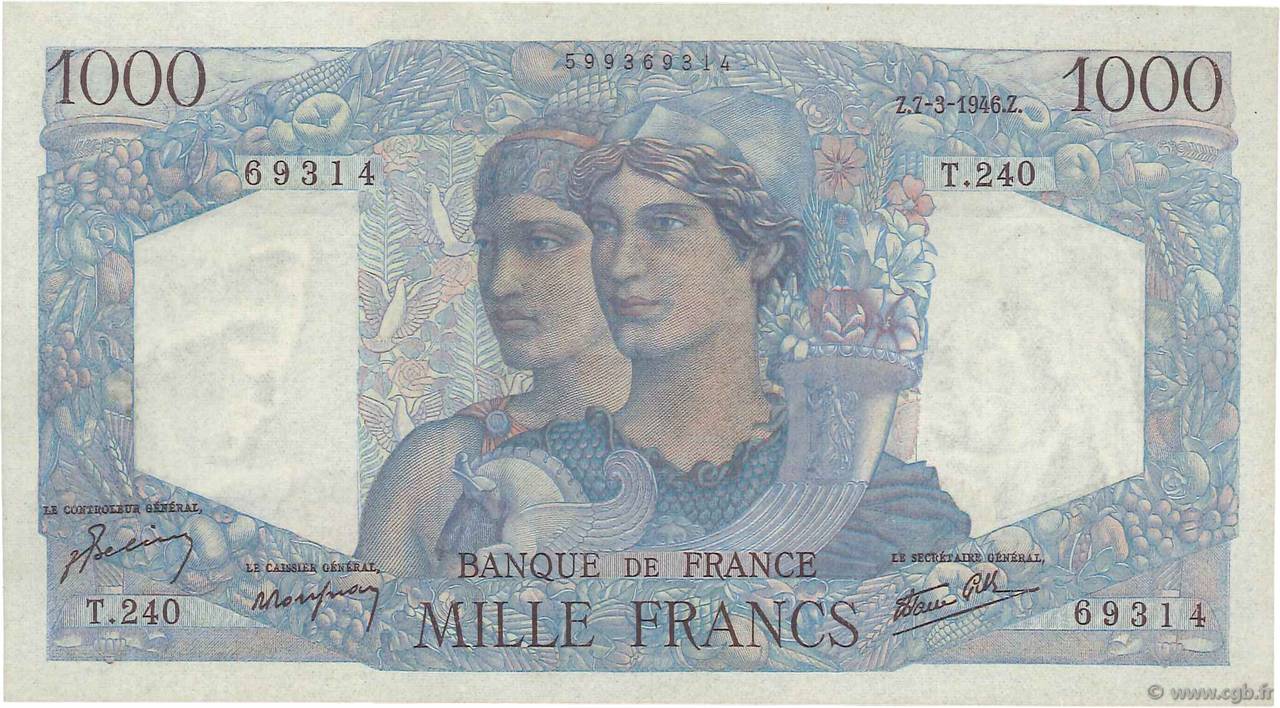 1000 Francs MINERVE ET HERCULE FRANKREICH  1946 F.41.12 VZ+