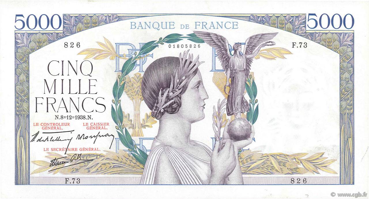 5000 Francs VICTOIRE Impression à plat FRANCE  1938 F.46.01 XF