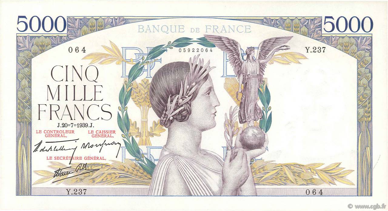 5000 Francs VICTOIRE Impression à plat FRANCE  1939 F.46.08 AU-