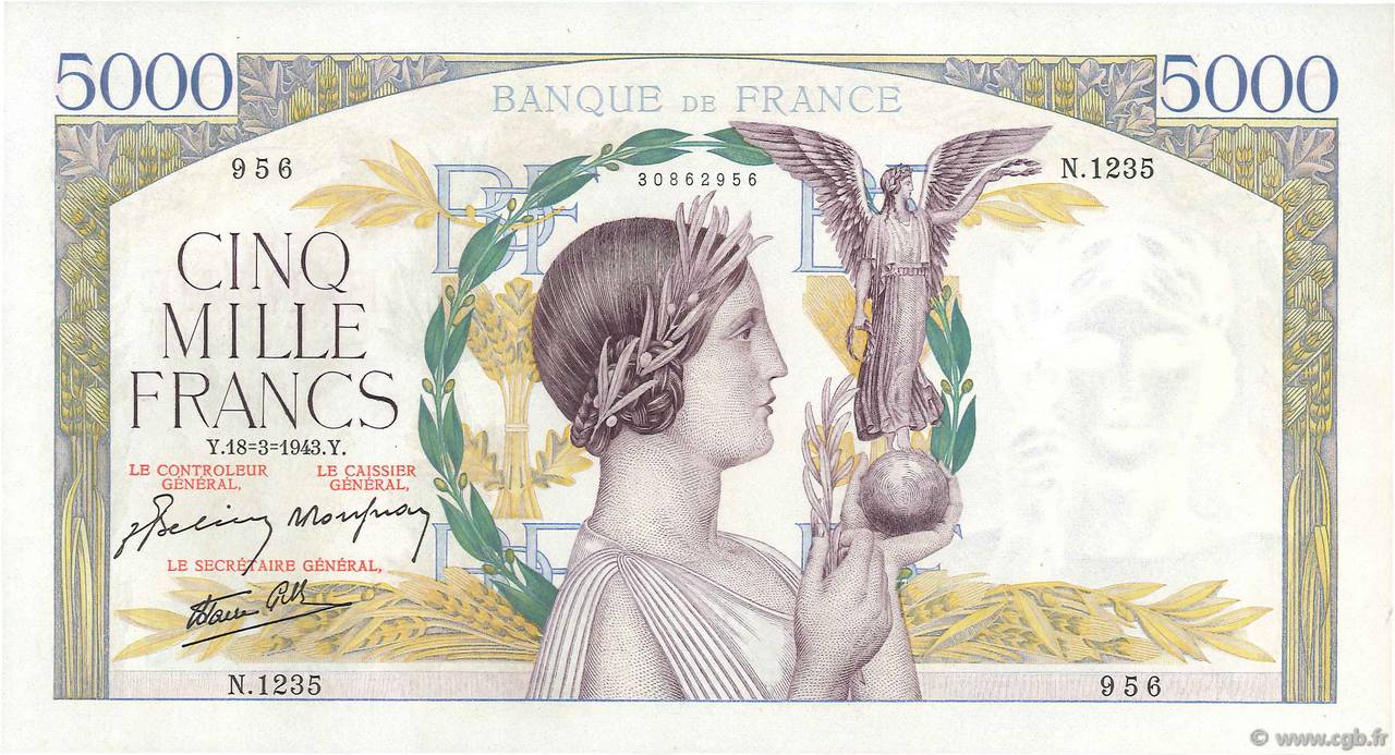 5000 Francs VICTOIRE Impression à plat FRANCIA  1943 F.46.49 SC