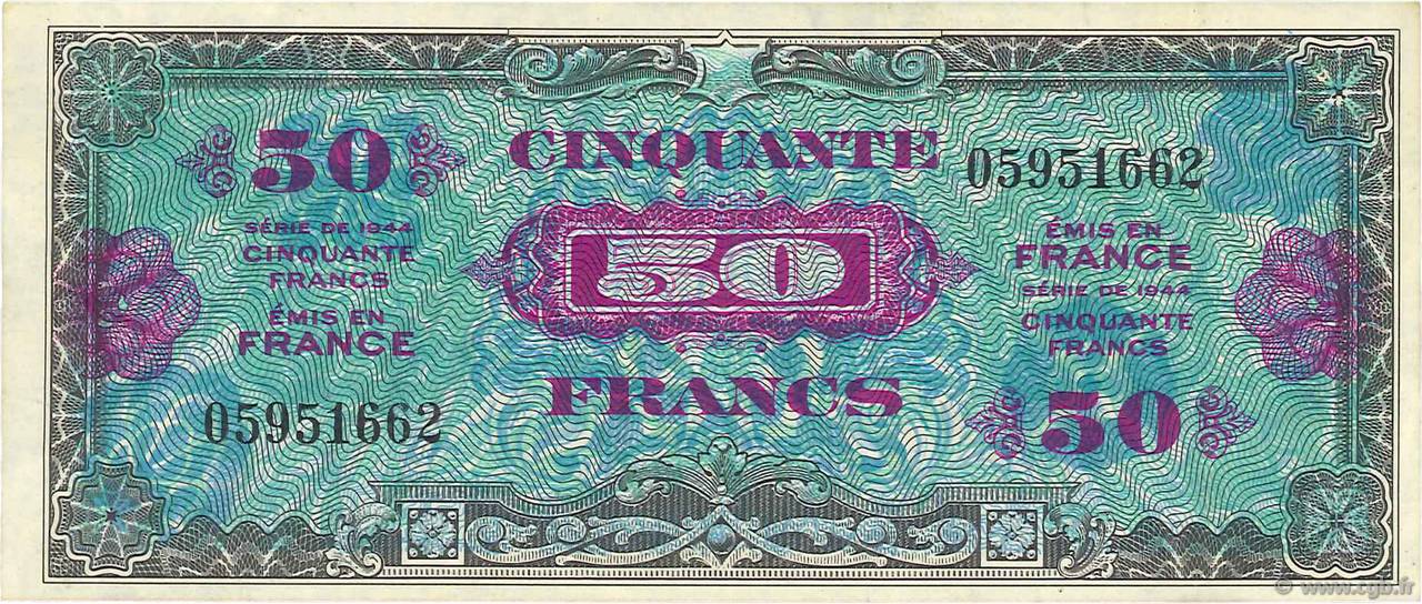 50 Francs DRAPEAU FRANKREICH  1944 VF.19.01 fVZ