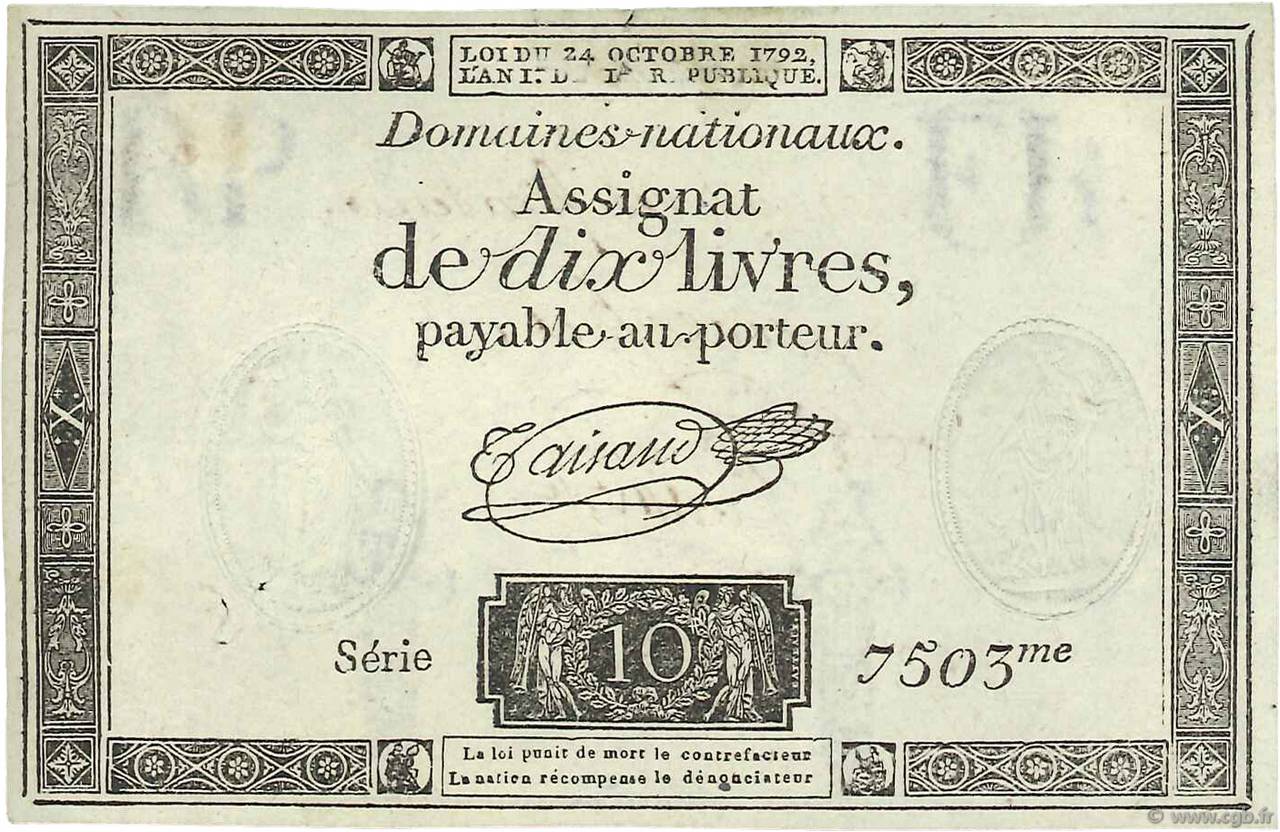 10 Livres filigrane républicain Vérificateur FRANKREICH  1792 Ass.36v VZ