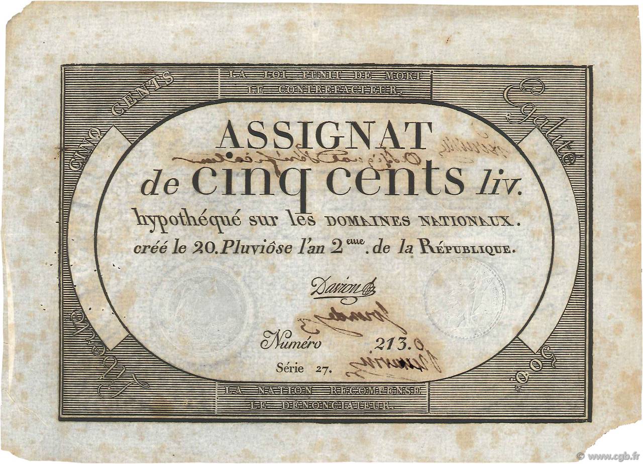 500 Livres Vérificateur FRANCIA  1794 Ass.47b BB
