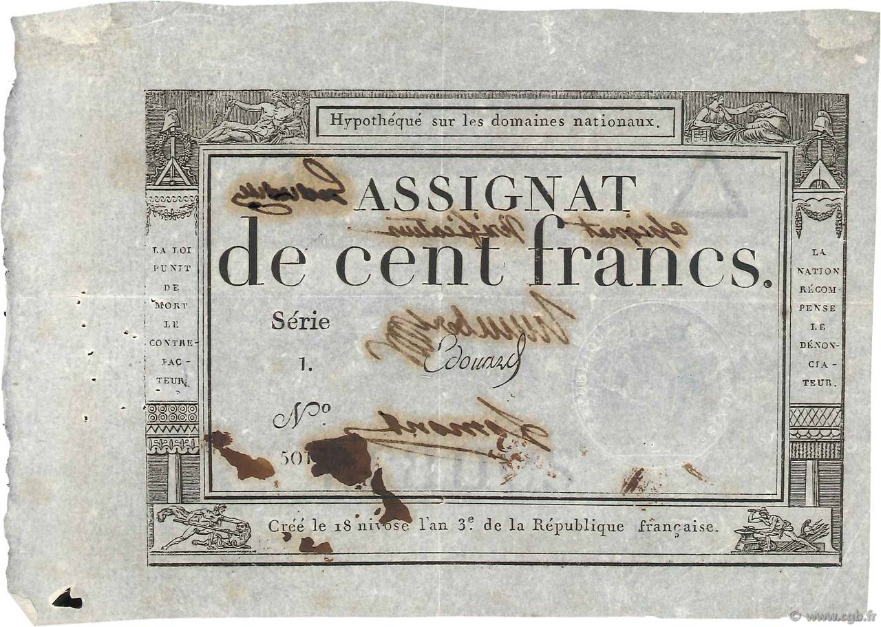 100 Francs Vérificateur FRANKREICH  1795 Ass.48v VZ
