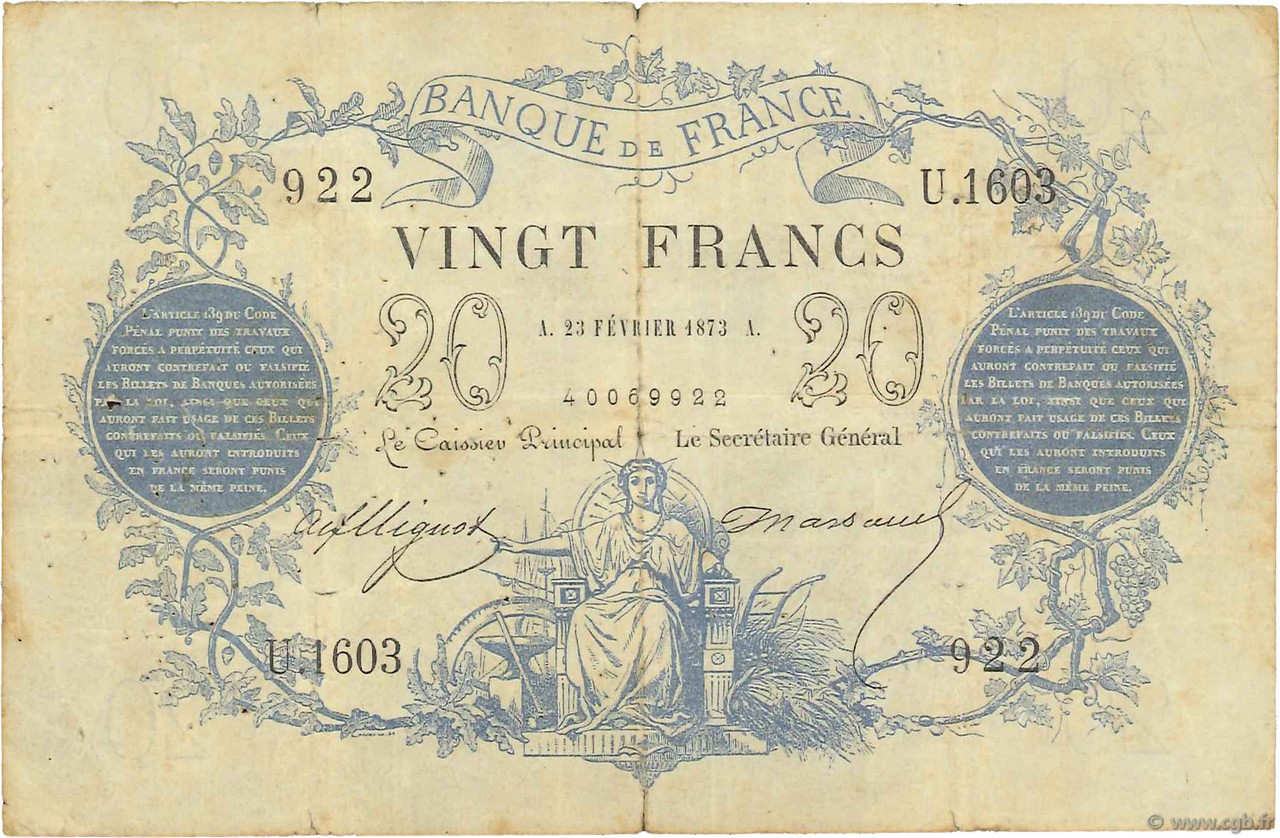 20 Francs type 1871 dates erronées FRANCE  1873 F.A46bis.03 TB