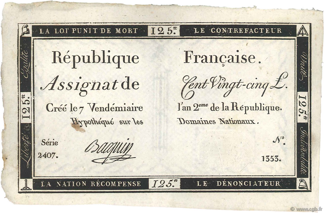 125 Livres FRANCE  1793 Ass.44a SPL