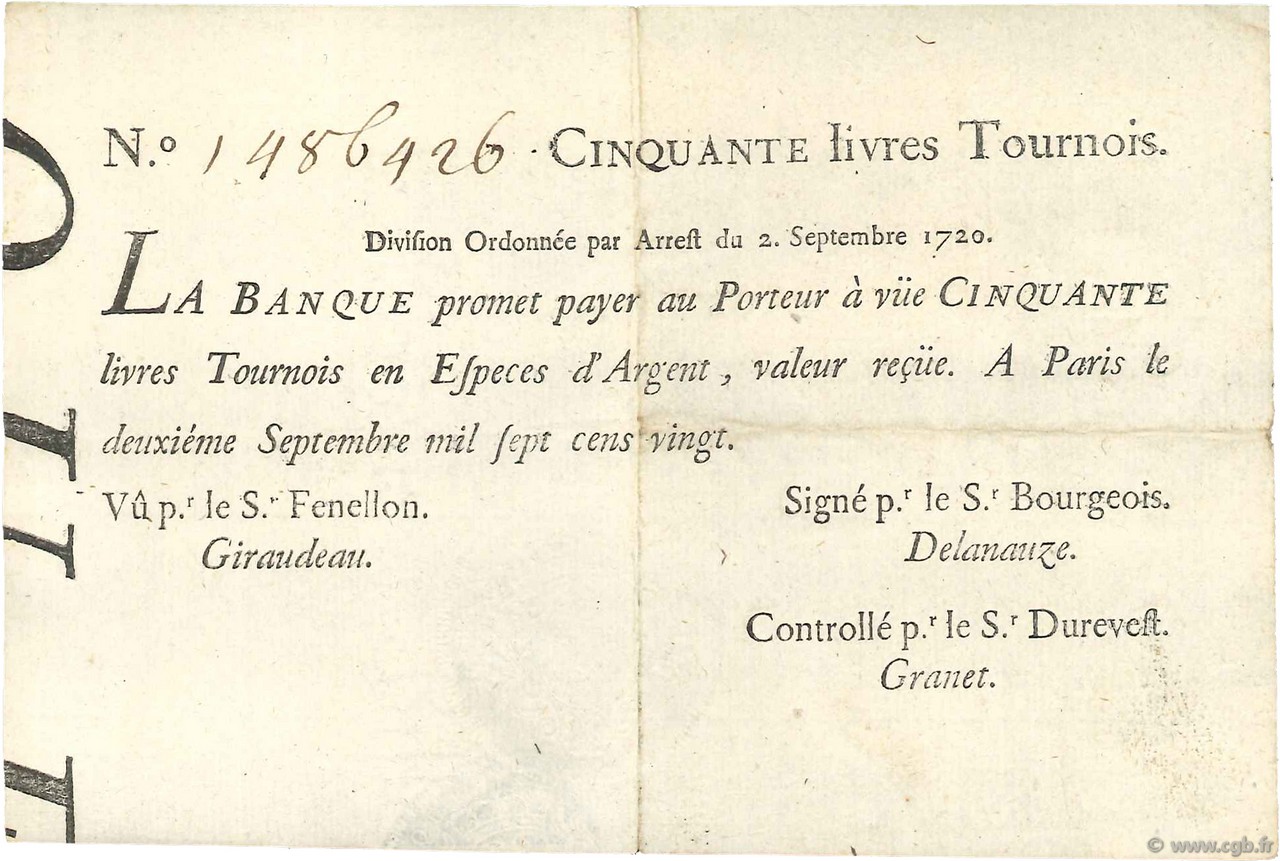 50 Livres Tournois typographié FRANCIA  1720 Dor.24 MBC