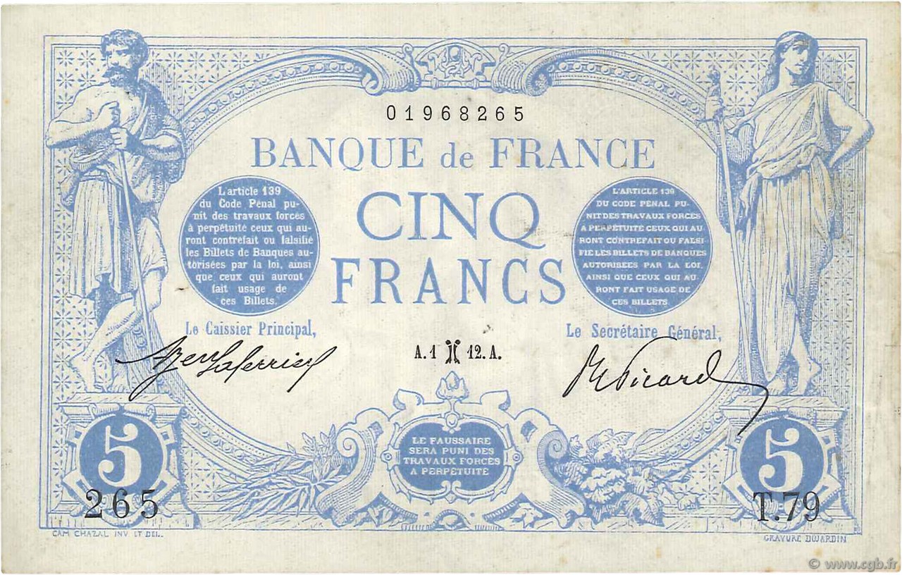 5 Francs BLEU FRANCIA  1912 F.02.02 MBC+