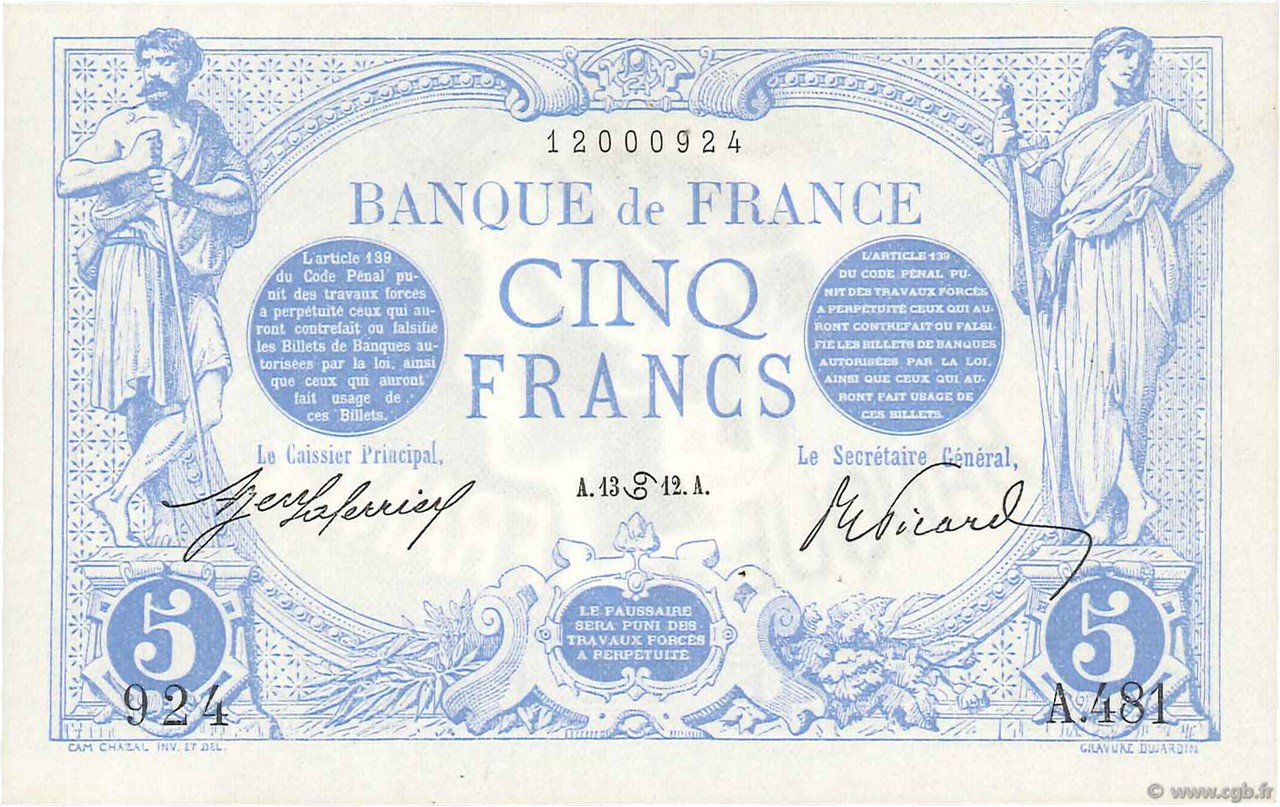 5 Francs BLEU FRANCIA  1912 F.02.06 SPL+