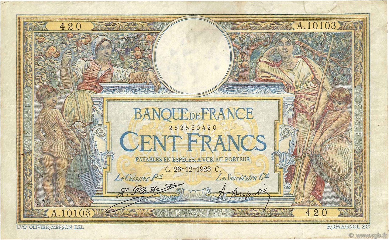 100 Francs LUC OLIVIER MERSON grands cartouches FRANKREICH  1923 F.24.01 S