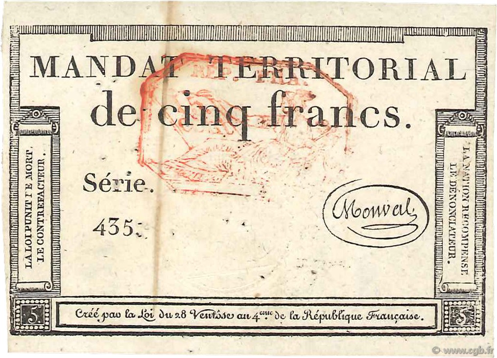 5 Francs Monval cachet rouge FRANCE  1796 Ass.63c VF