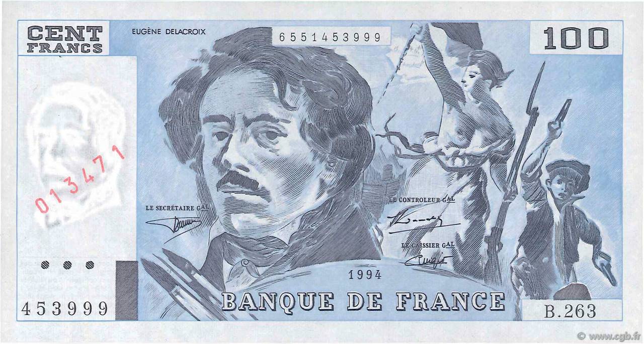 100 Francs DELACROIX 442-1 & 442-2 Fauté FRANCIA  1994 F.69ter.01b FDC