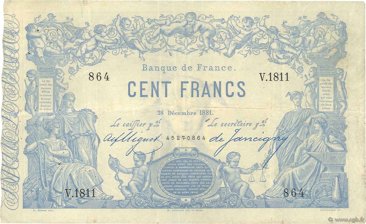 100 Francs type 1862 - Bleu à indices Noirs FRANCE  1881 F.A39.17 VF