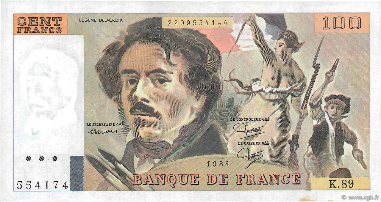 100 Francs DELACROIX modifié Fauté FRANCIA  1984 F.69.08b EBC