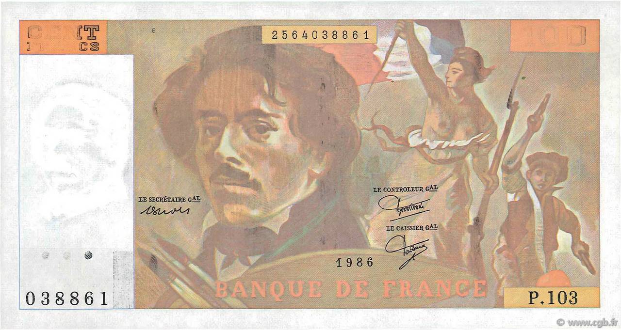 100 Francs DELACROIX modifié Fauté FRANCIA  1986 F.69.10 SC+