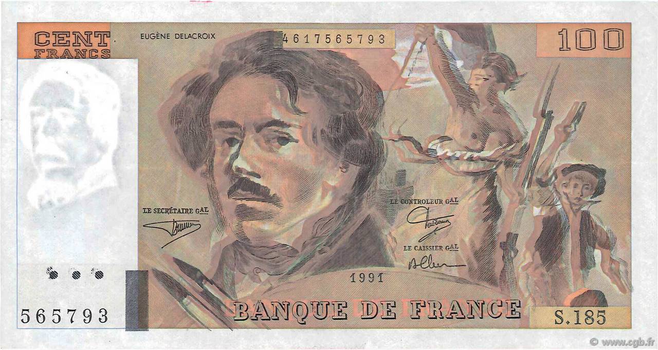 100 Francs DELACROIX imprimé en continu Fauté FRANCIA  1991 F.69bis.03b2 MBC+