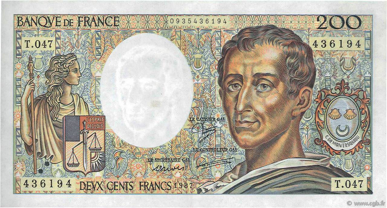 200 Francs MONTESQUIEU Fauté FRANCE  1987 F.70.07 SUP+