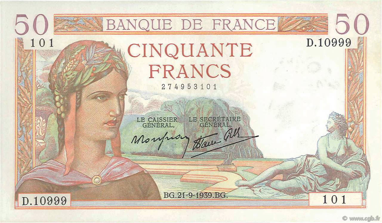 50 Francs CÉRÈS modifié FRANKREICH  1939 F.18.31 fST+