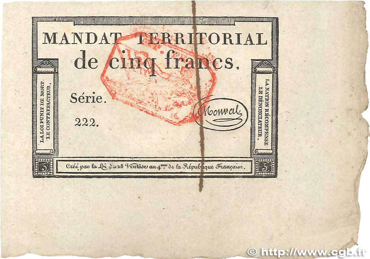 5 Francs Monval cachet rouge FRANCIA  1796 Ass.63c q.FDC