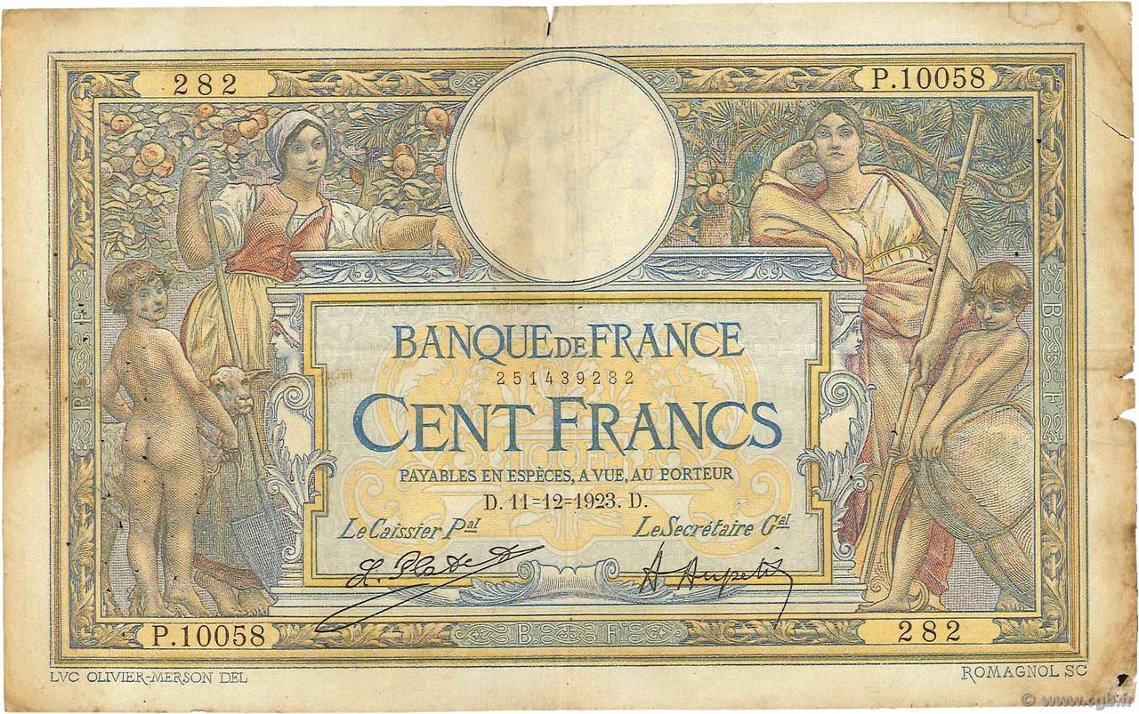 100 Francs LUC OLIVIER MERSON grands cartouches FRANCIA  1923 F.24.01 RC+