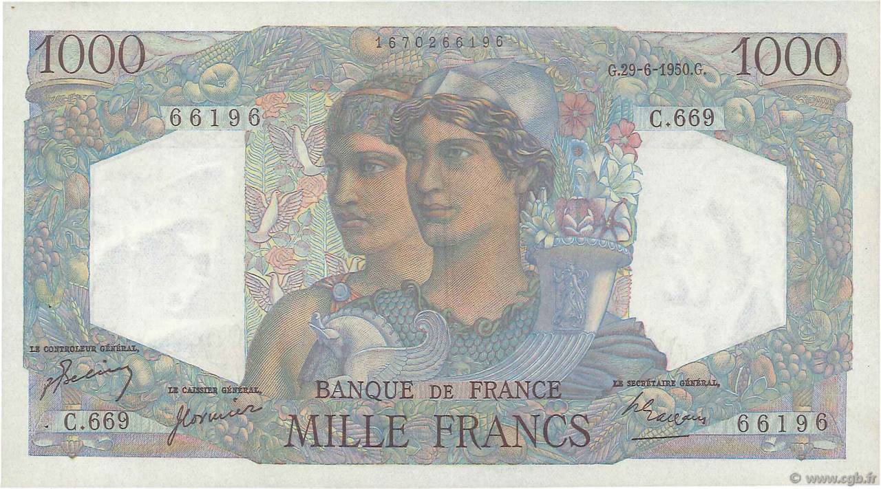 1000 Francs MINERVE ET HERCULE FRANCIA  1950 F.41.33 EBC+