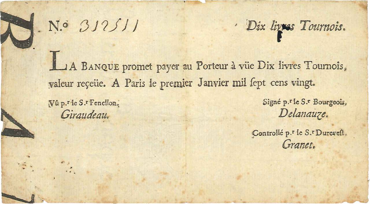 10 Livres Tournois typographié FRANCIA  1720 Dor.20 BB