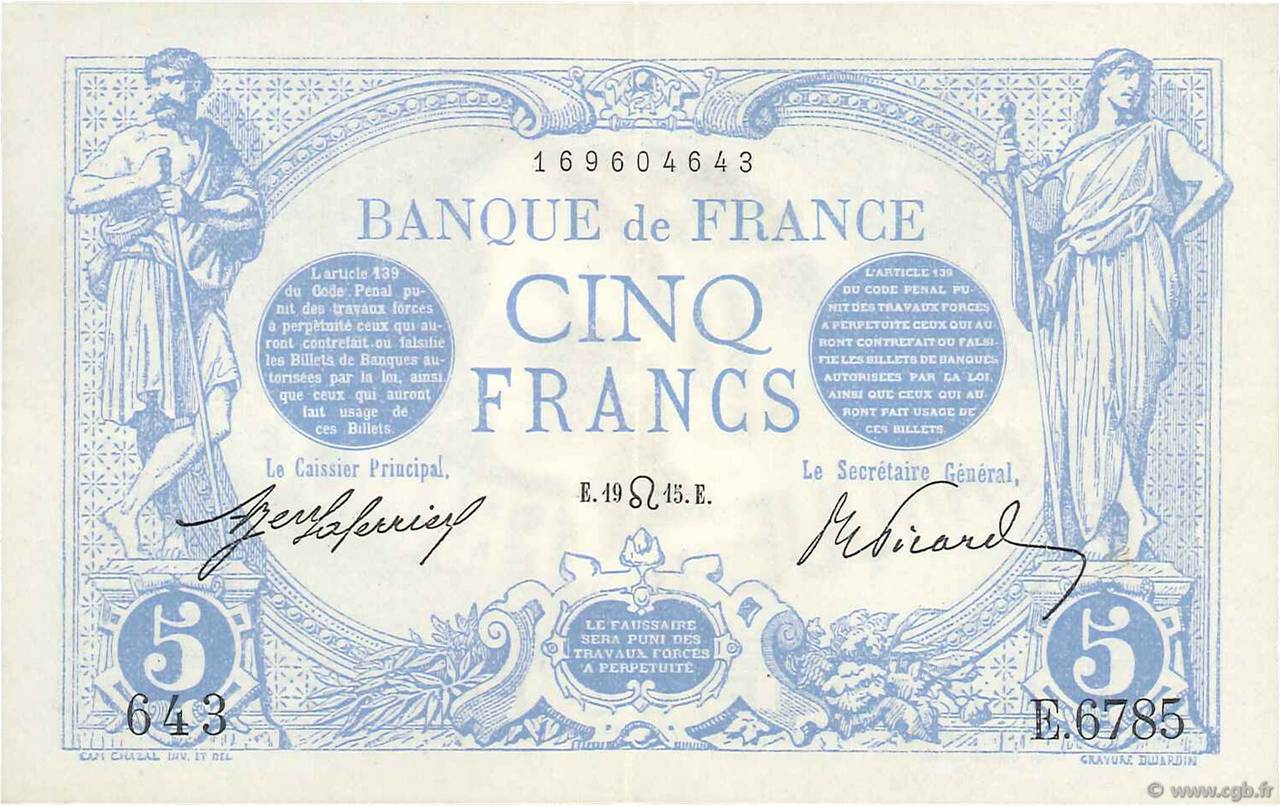 5 Francs BLEU FRANKREICH  1915 F.02.29 fVZ