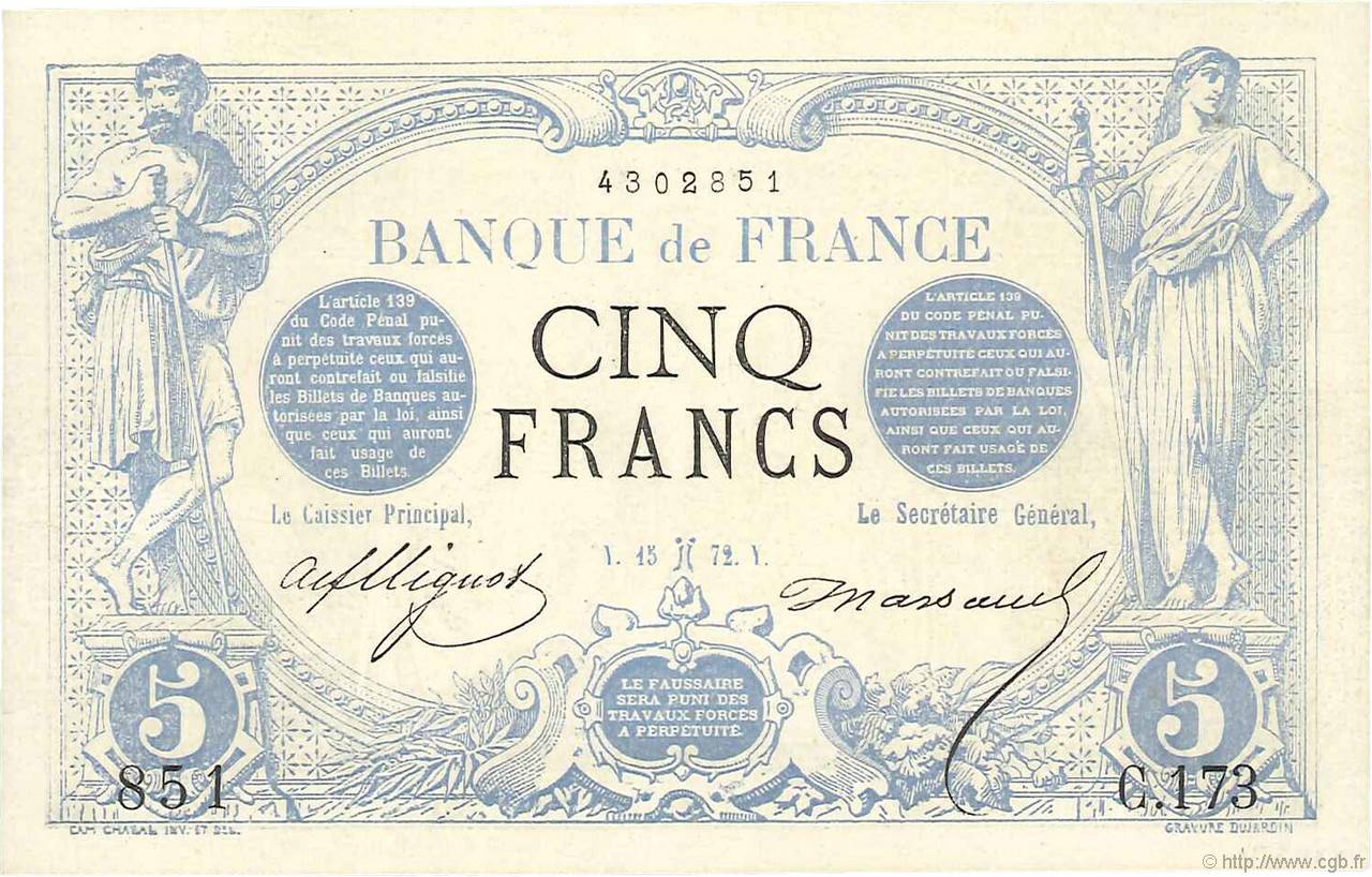 5 Francs NOIR FRANCE  1872 F.01.03 XF+